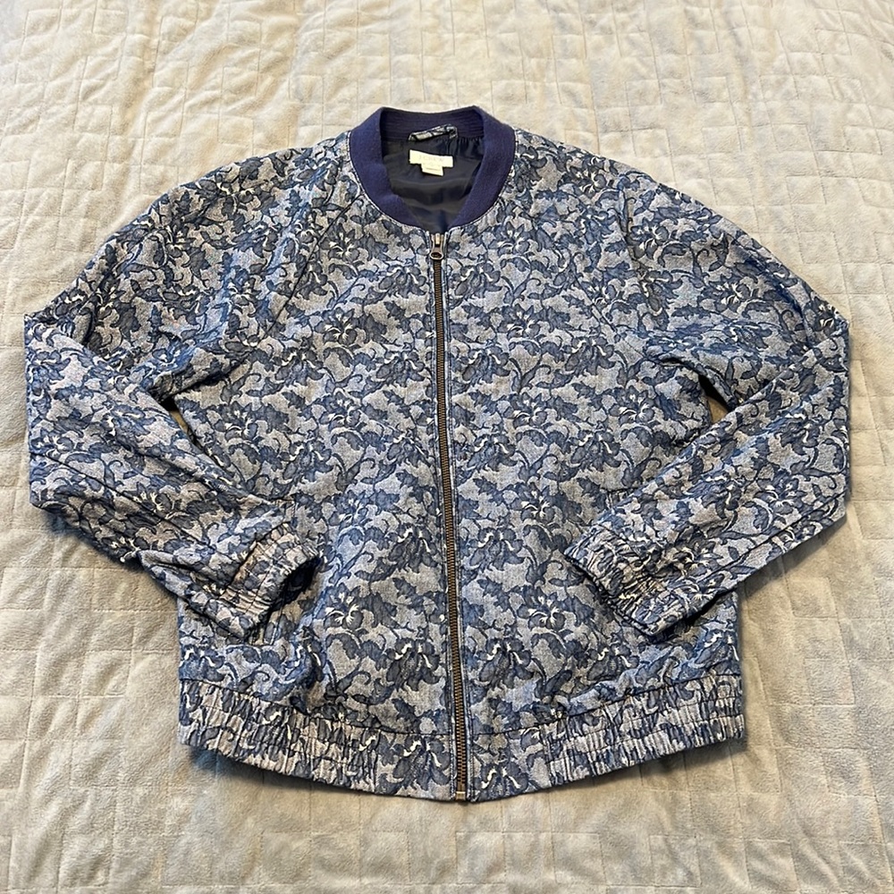 J. Crew Denim Bomber Jacket, Floral, Embroidered, Blue, Size S